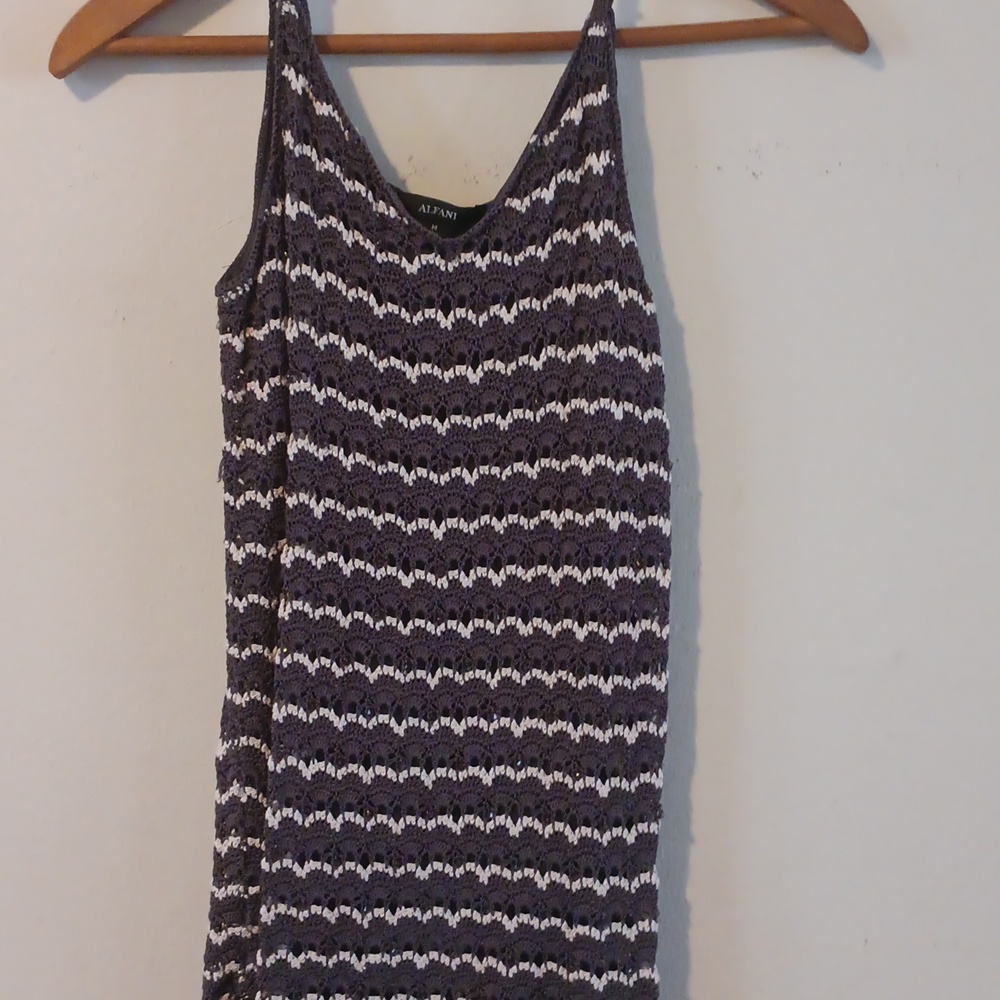 ALFANI Grey Silk Tank Top Beaded Knit Lining Crochet Strappy Lacy Size Med